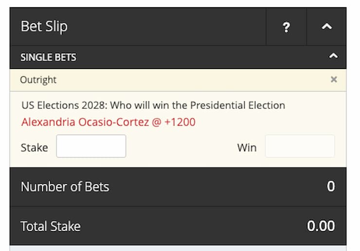 An image of a US presidential election bet slip from Everygame, a leader among election betting platforms.